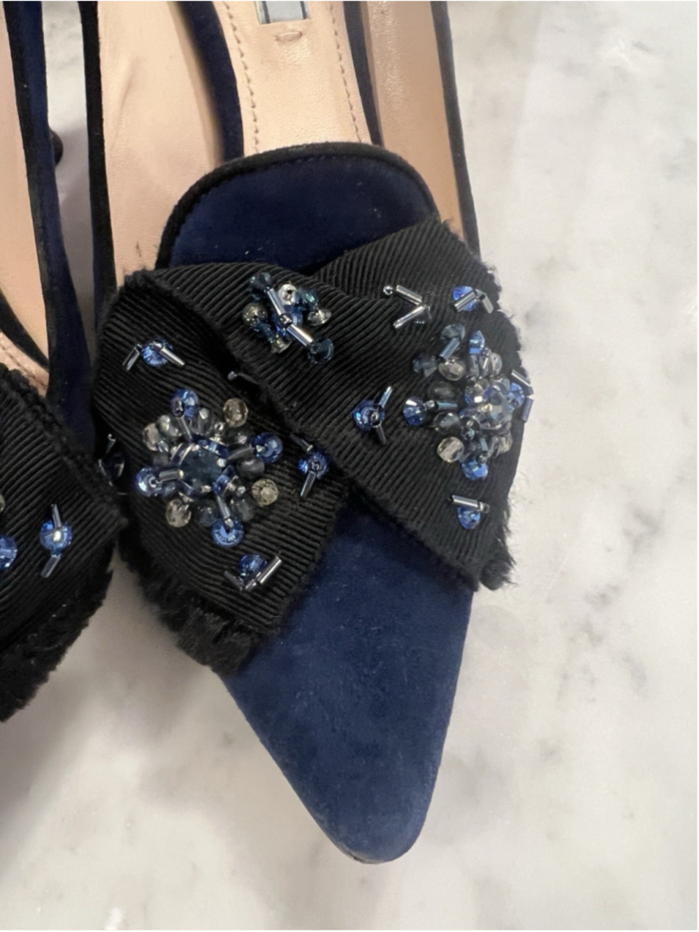 Prada Suede Beaded Bow Navy Blue Designer Heels Sz 39 (8.5/9) With Original Box - Picture 4 of 16